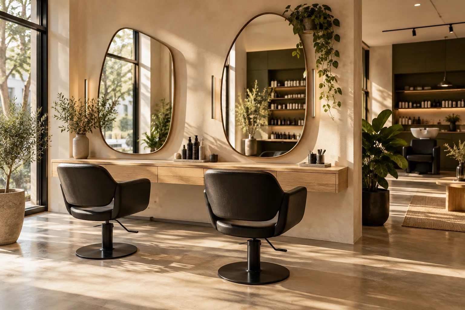 Heller, fiktiver Salon mit warmem Holz, großen Spiegeln und schwarzen Friseurstühlen